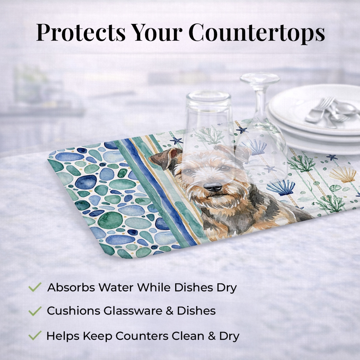 Picture of Carolines Treasures WDK7129DDM 21 x 14 in. Grizzle & Tan Norfolk Terrier Coastal Sea Glass Dish Drying Mat