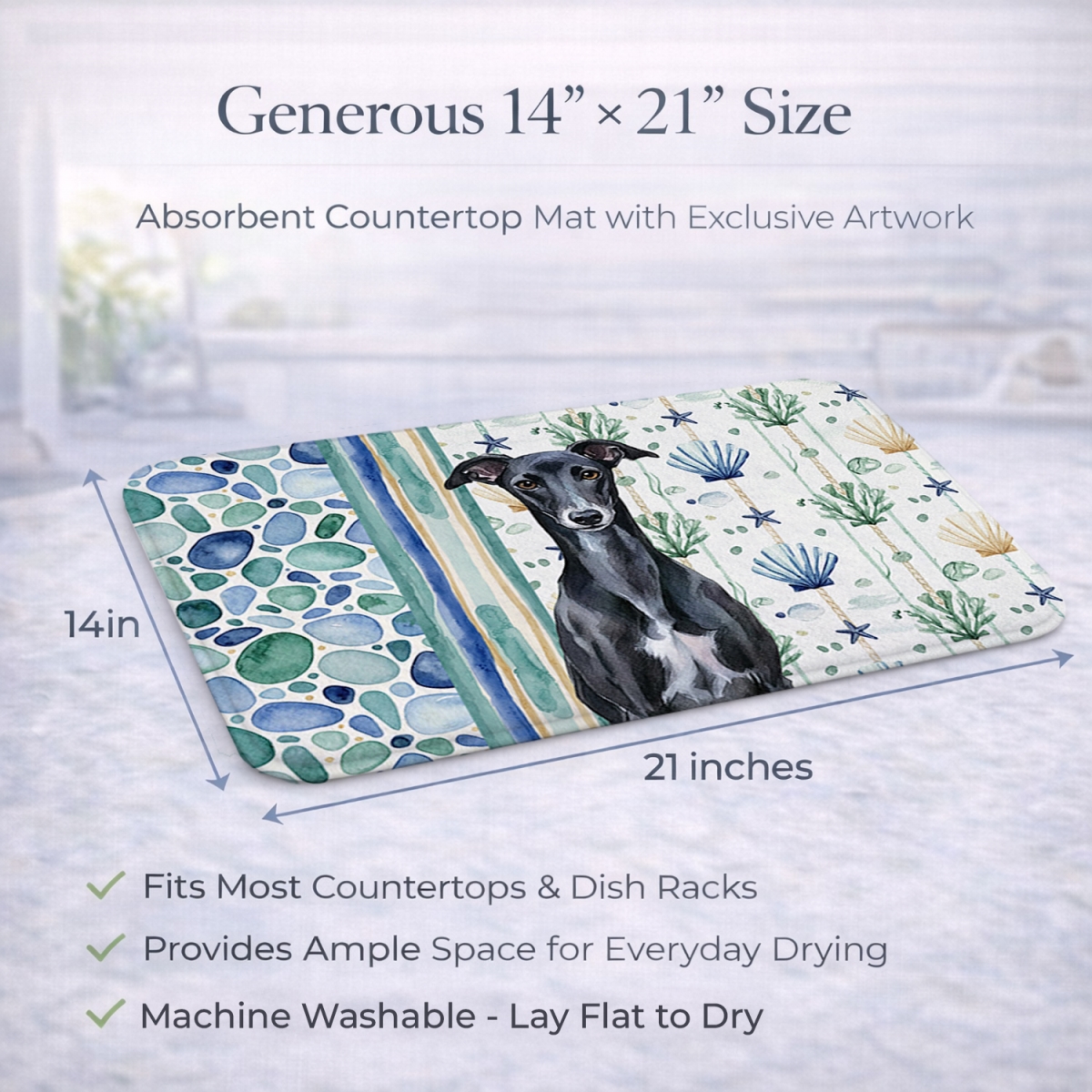 Picture of Carolines Treasures WDK7251DDM 21 x 14 in. Black Whippet Coastal Sea Glass Dish Drying Mat