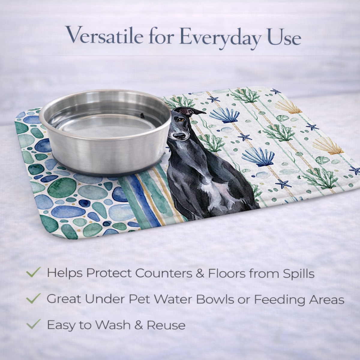 Picture of Carolines Treasures WDK7251DDM 21 x 14 in. Black Whippet Coastal Sea Glass Dish Drying Mat