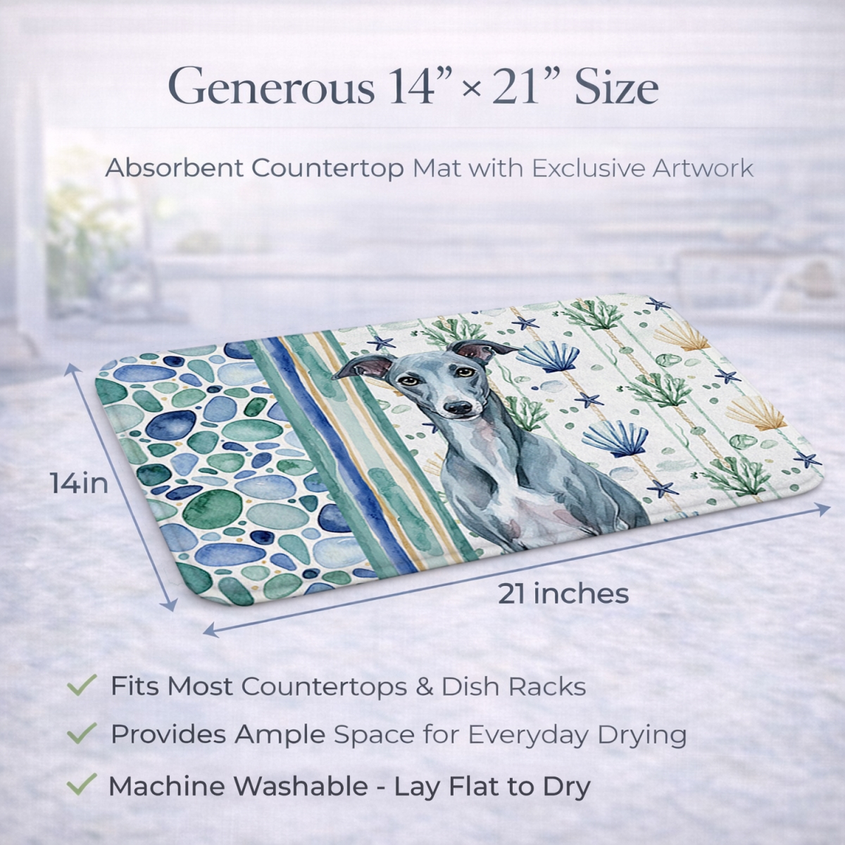 Picture of Carolines Treasures WDK7252DDM 21 x 14 in. Blue Whippet Coastal Sea Glass Dish Drying Mat