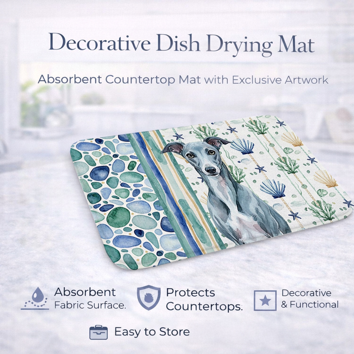 Picture of Carolines Treasures WDK7252DDM 21 x 14 in. Blue Whippet Coastal Sea Glass Dish Drying Mat