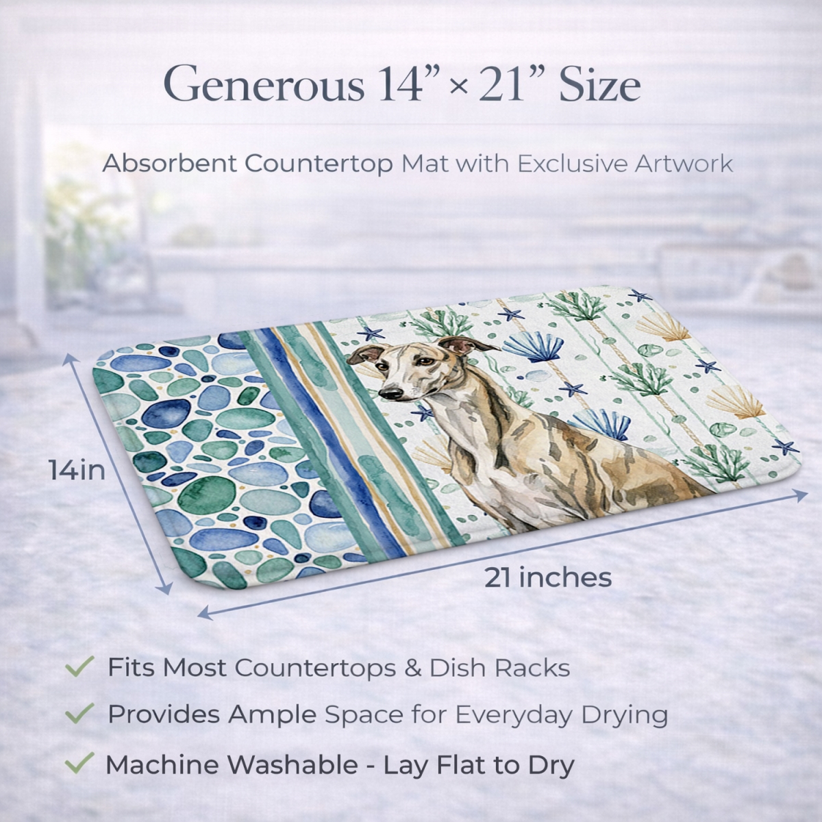 Picture of Carolines Treasures WDK7253DDM 21 x 14 in. Brindle Whippet Coastal Sea Glass Dish Drying Mat