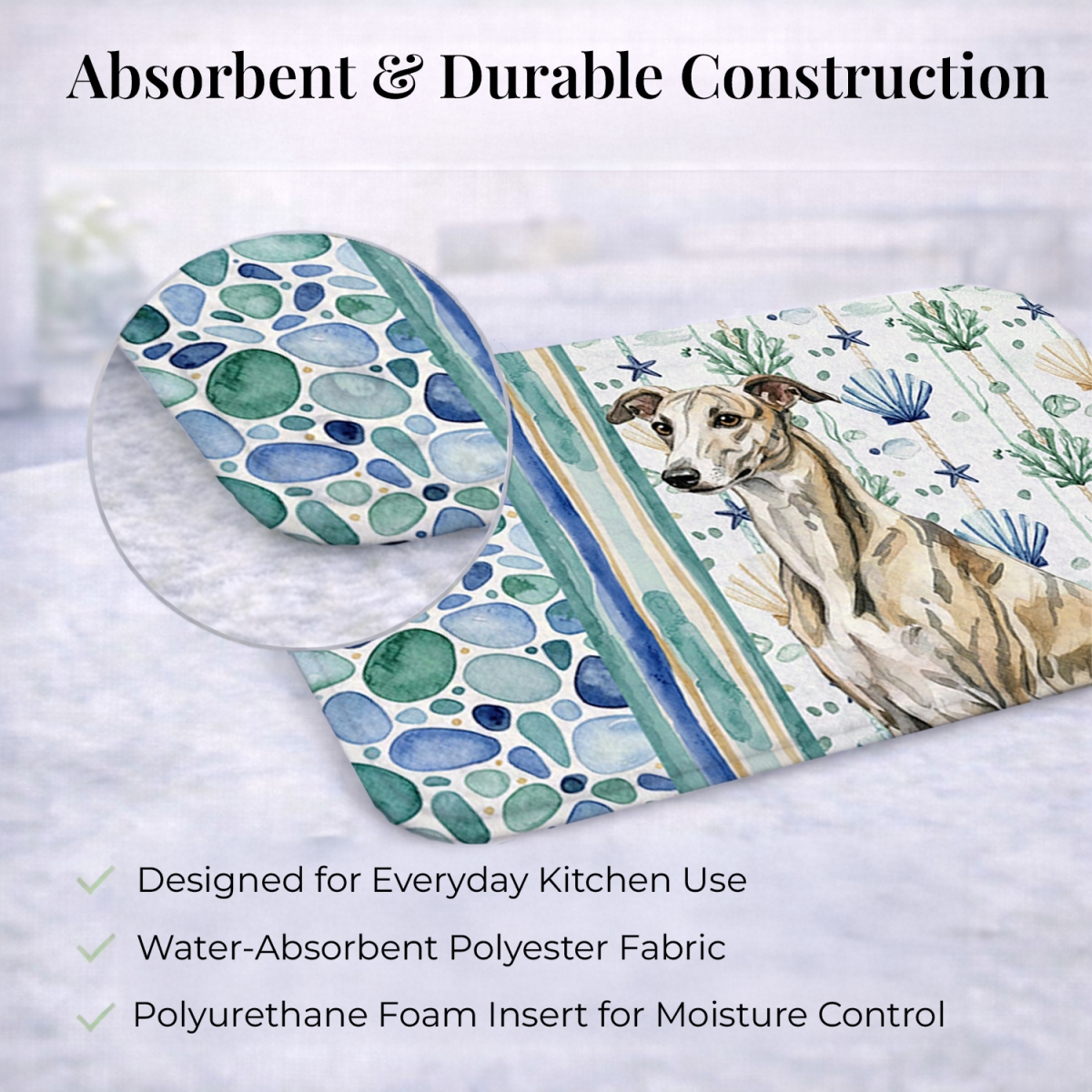 Picture of Carolines Treasures WDK7253DDM 21 x 14 in. Brindle Whippet Coastal Sea Glass Dish Drying Mat