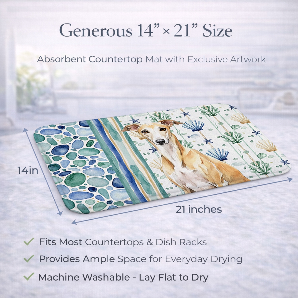 Picture of Carolines Treasures WDK7254DDM 21 x 14 in. Fawn Whippet Coastal Sea Glass Dish Drying Mat