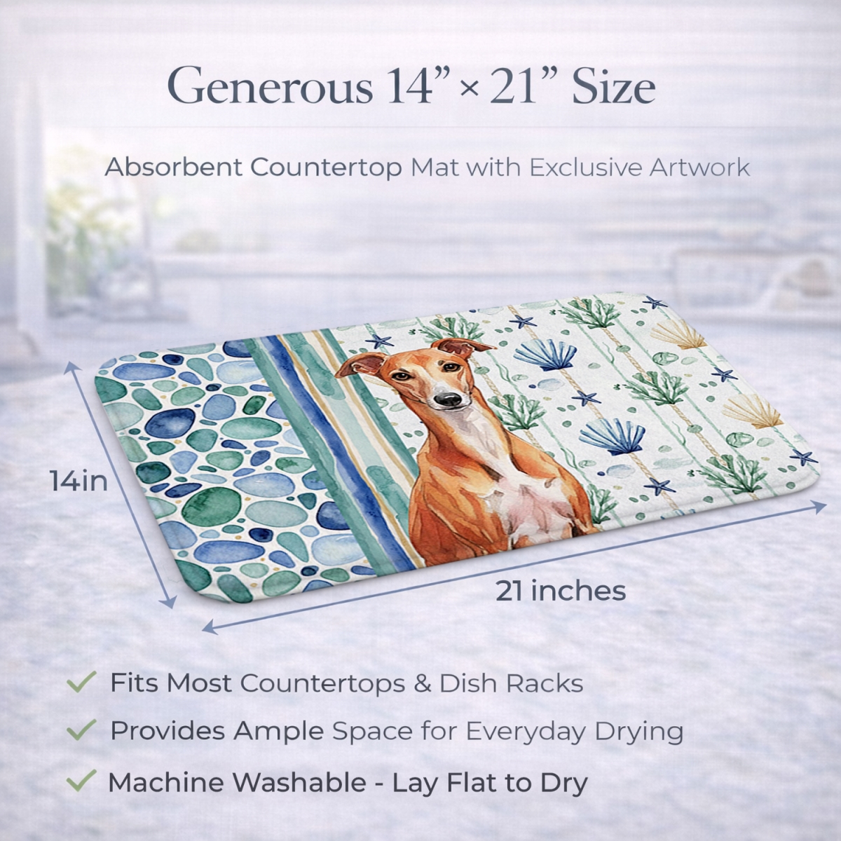 Picture of Carolines Treasures WDK7255DDM 21 x 14 in. Red Whippet Coastal Sea Glass Dish Drying Mat
