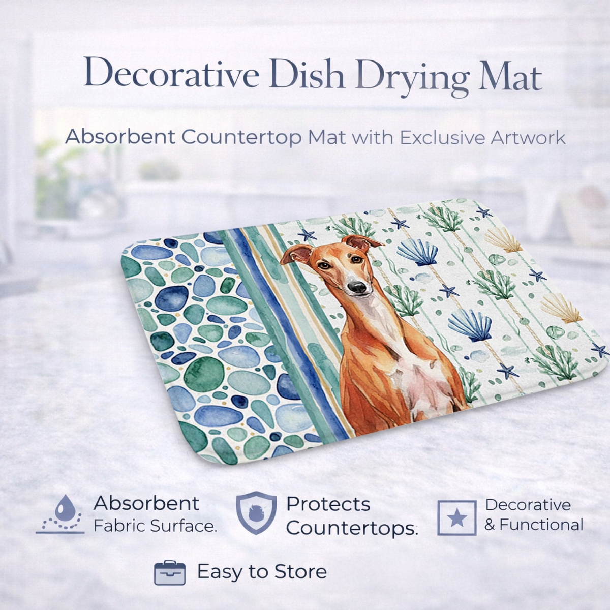 Picture of Carolines Treasures WDK7255DDM 21 x 14 in. Red Whippet Coastal Sea Glass Dish Drying Mat