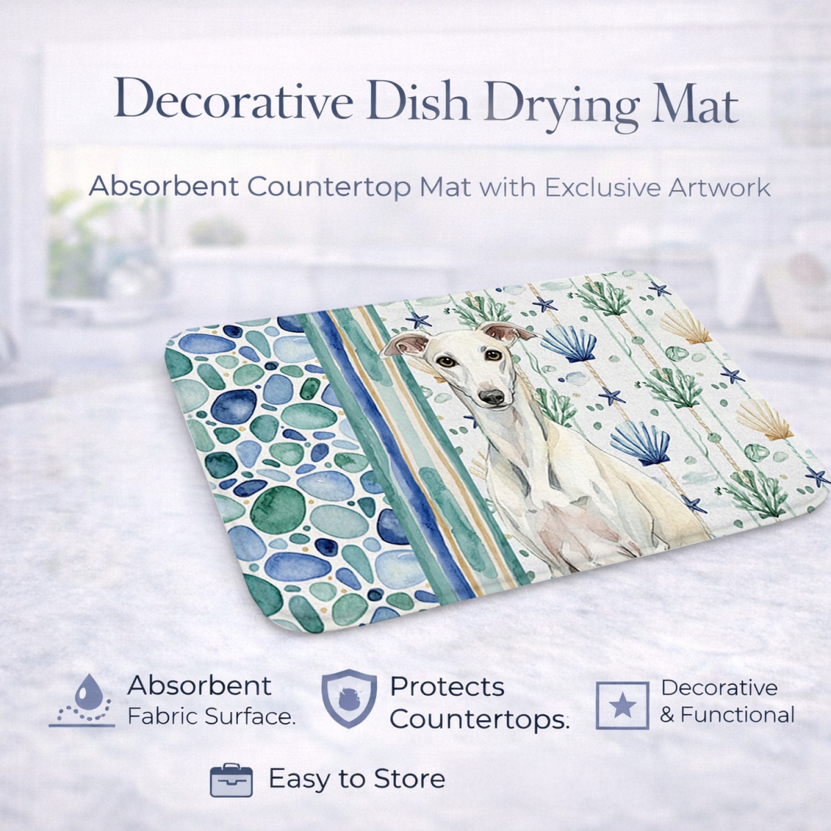 Picture of Carolines Treasures WDK7256DDM 21 x 14 in. White Whippet Coastal Sea Glass Dish Drying Mat