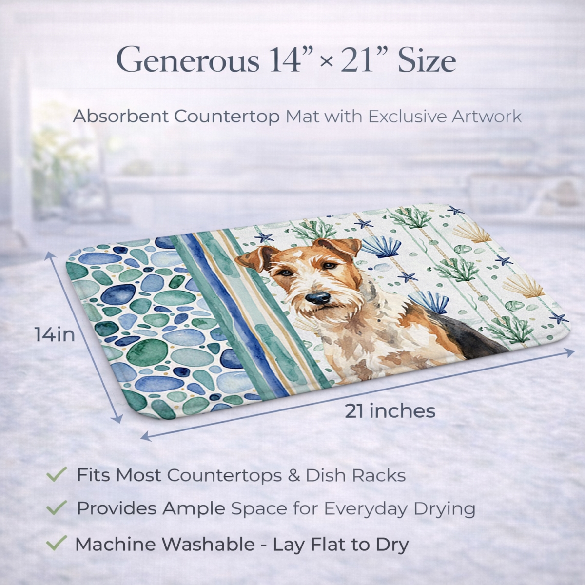 Picture of Carolines Treasures WDK7257DDM 21 x 14 in. Wire Fox Terrier Coastal Sea Glass Dish Drying Mat