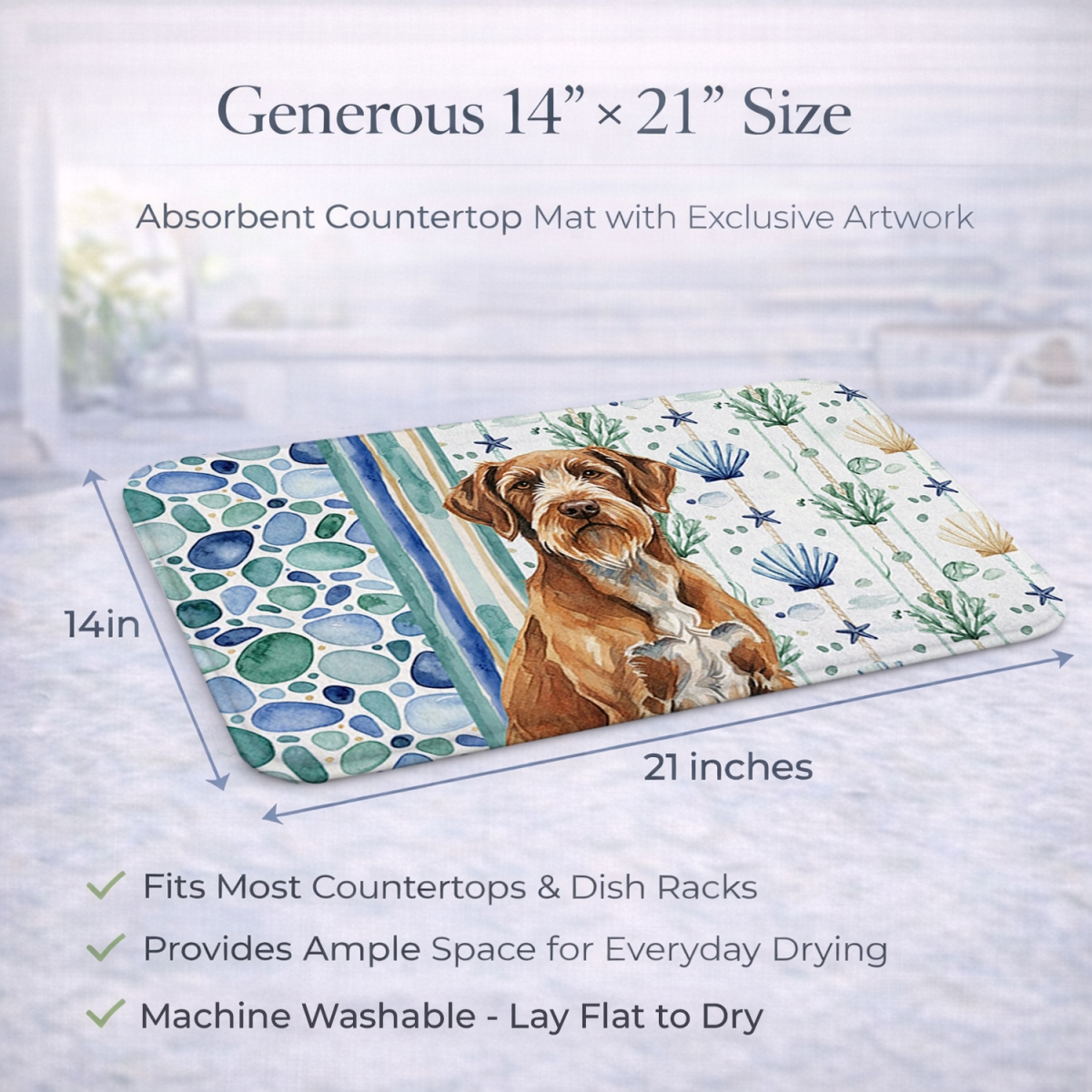 Picture of Carolines Treasures WDK7258DDM 21 x 14 in. Wirehaired Pointing Griffon Coastal Sea Glass Dish Drying Mat