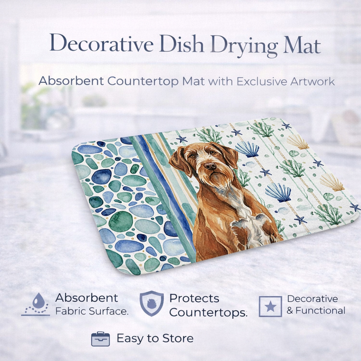 Picture of Carolines Treasures WDK7258DDM 21 x 14 in. Wirehaired Pointing Griffon Coastal Sea Glass Dish Drying Mat