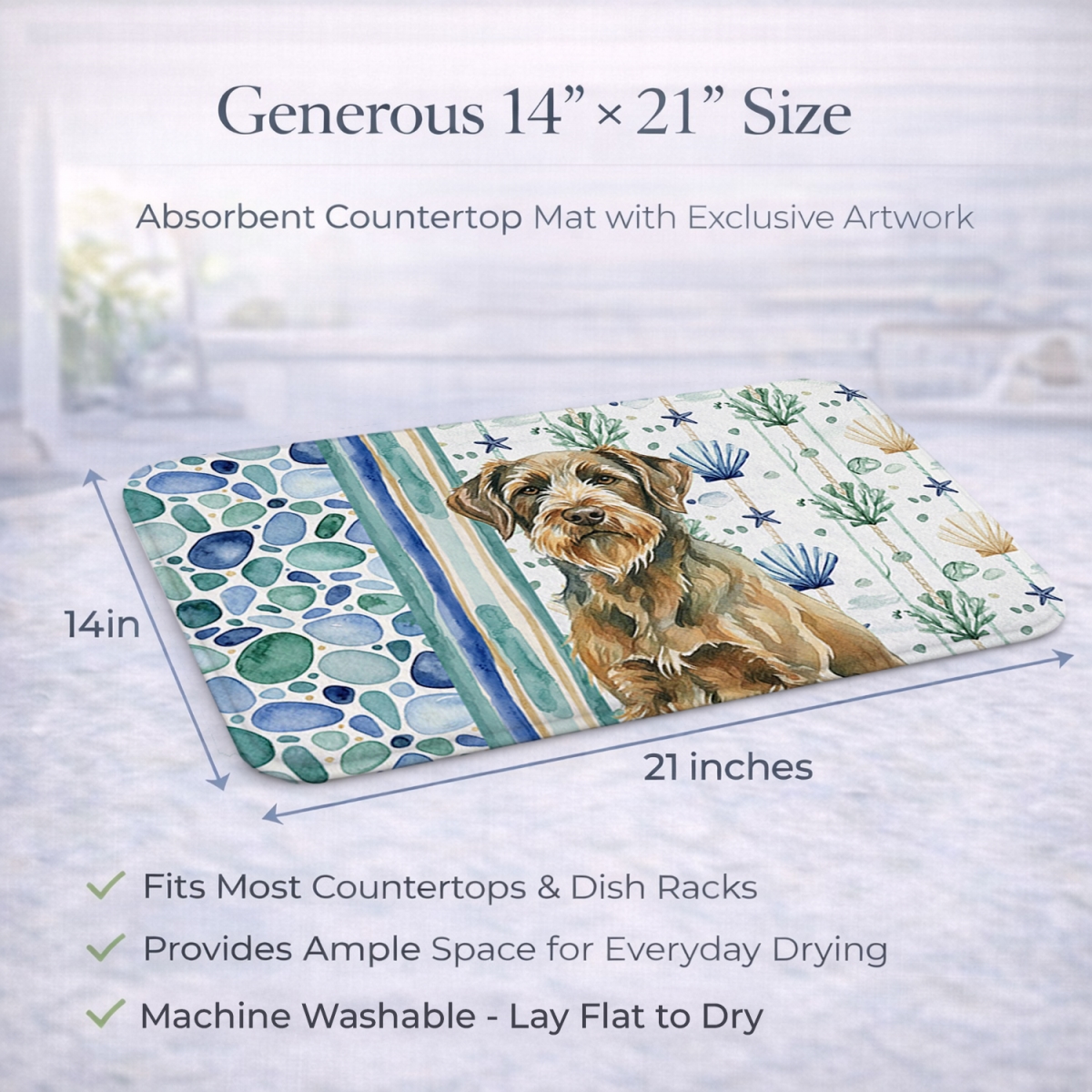 Picture of Carolines Treasures WDK7259DDM 21 x 14 in. Chestnut Wirehaired Pointing Griffon Coastal Sea Glass Dish Drying Mat