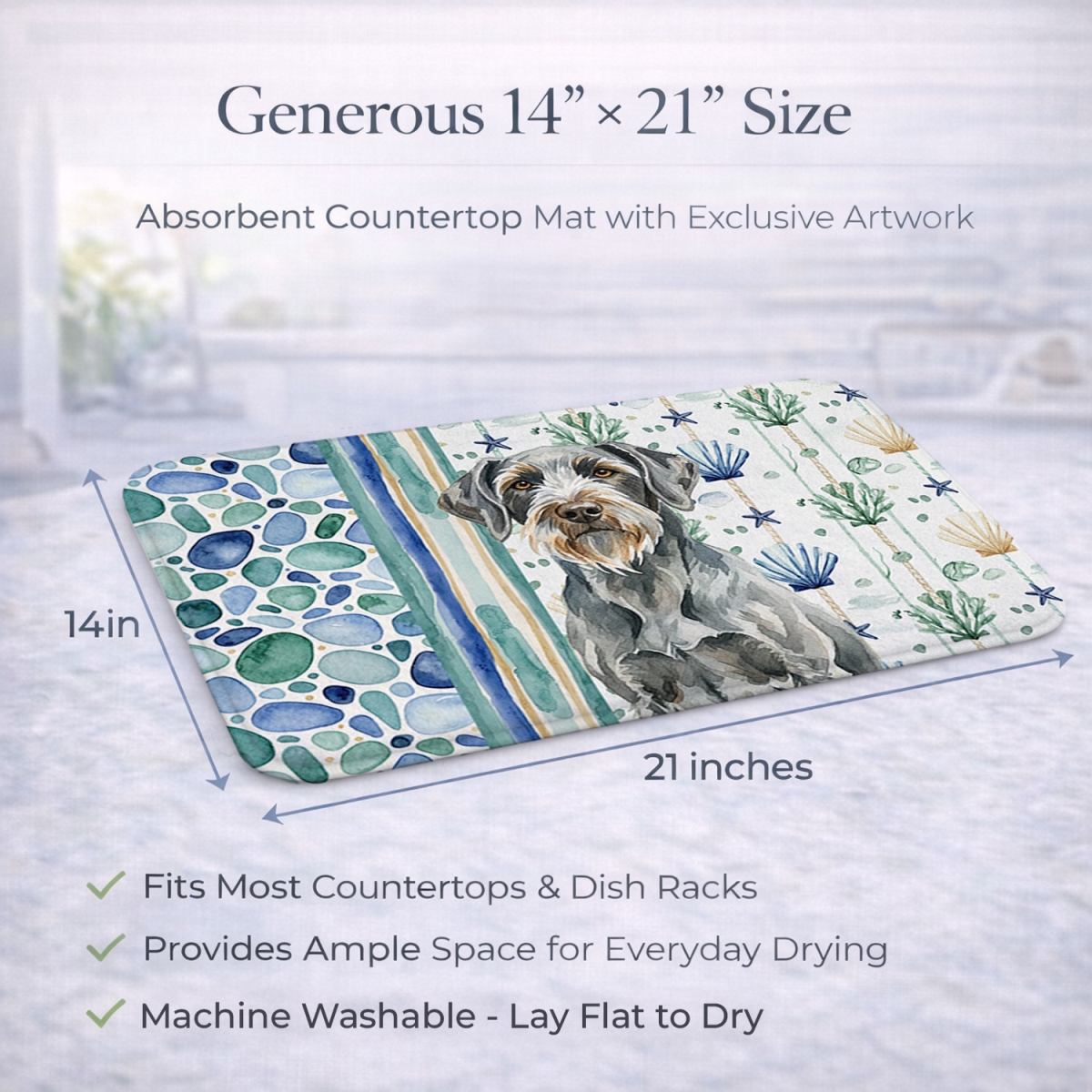 Picture of Carolines Treasures WDK7260DDM 21 x 14 in. Steel Gray Wirehaired Pointing Griffon Coastal Sea Glass Dish Drying Mat