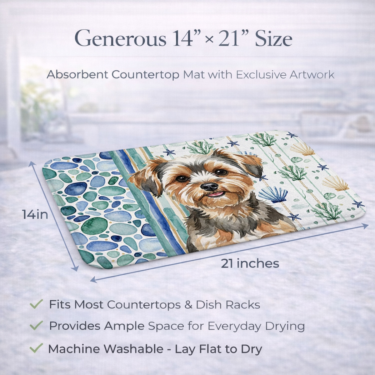 Picture of Carolines Treasures WDK7262DDM 21 x 14 in. Yorkiepoo Coastal Sea Glass Dish Drying Mat