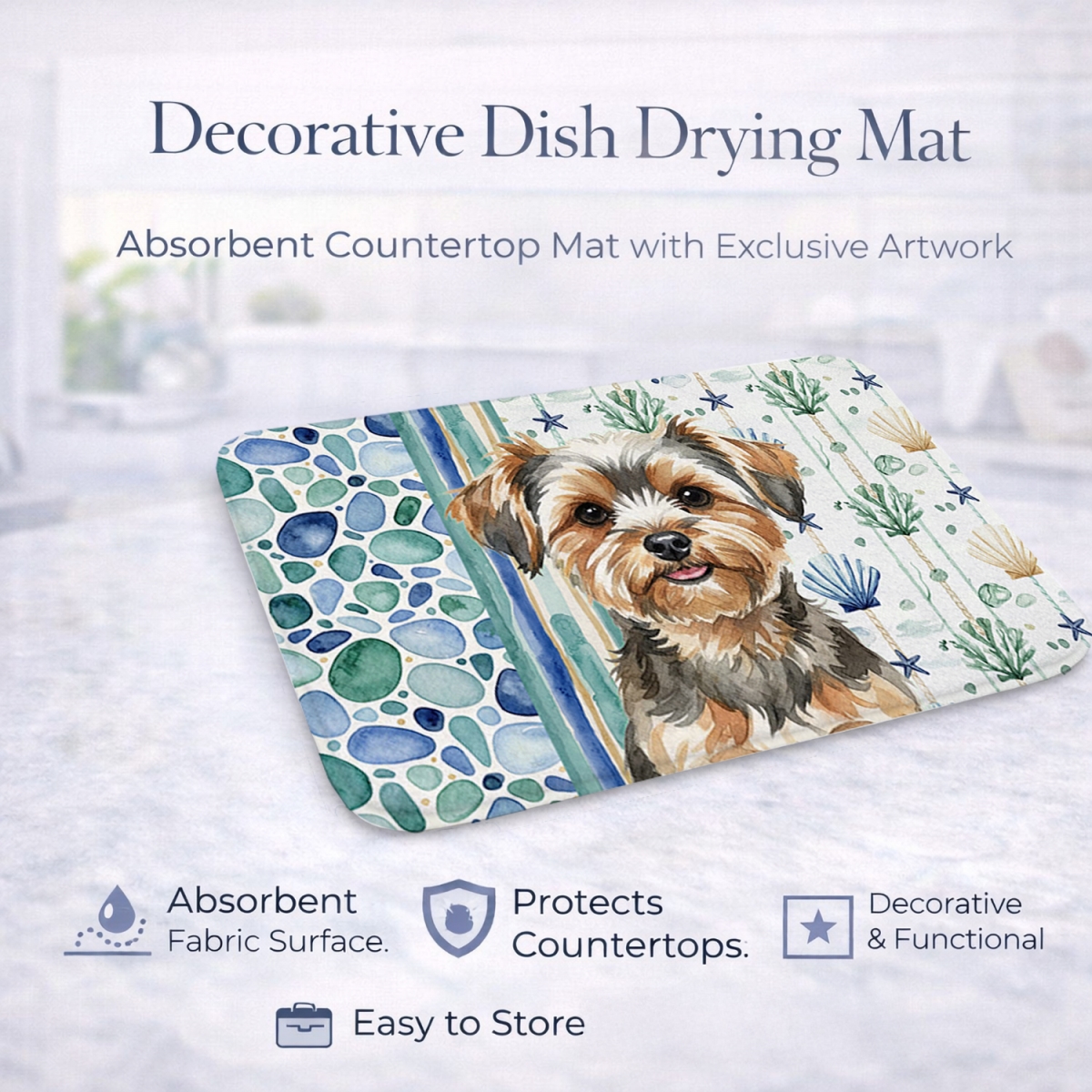 Picture of Carolines Treasures WDK7262DDM 21 x 14 in. Yorkiepoo Coastal Sea Glass Dish Drying Mat