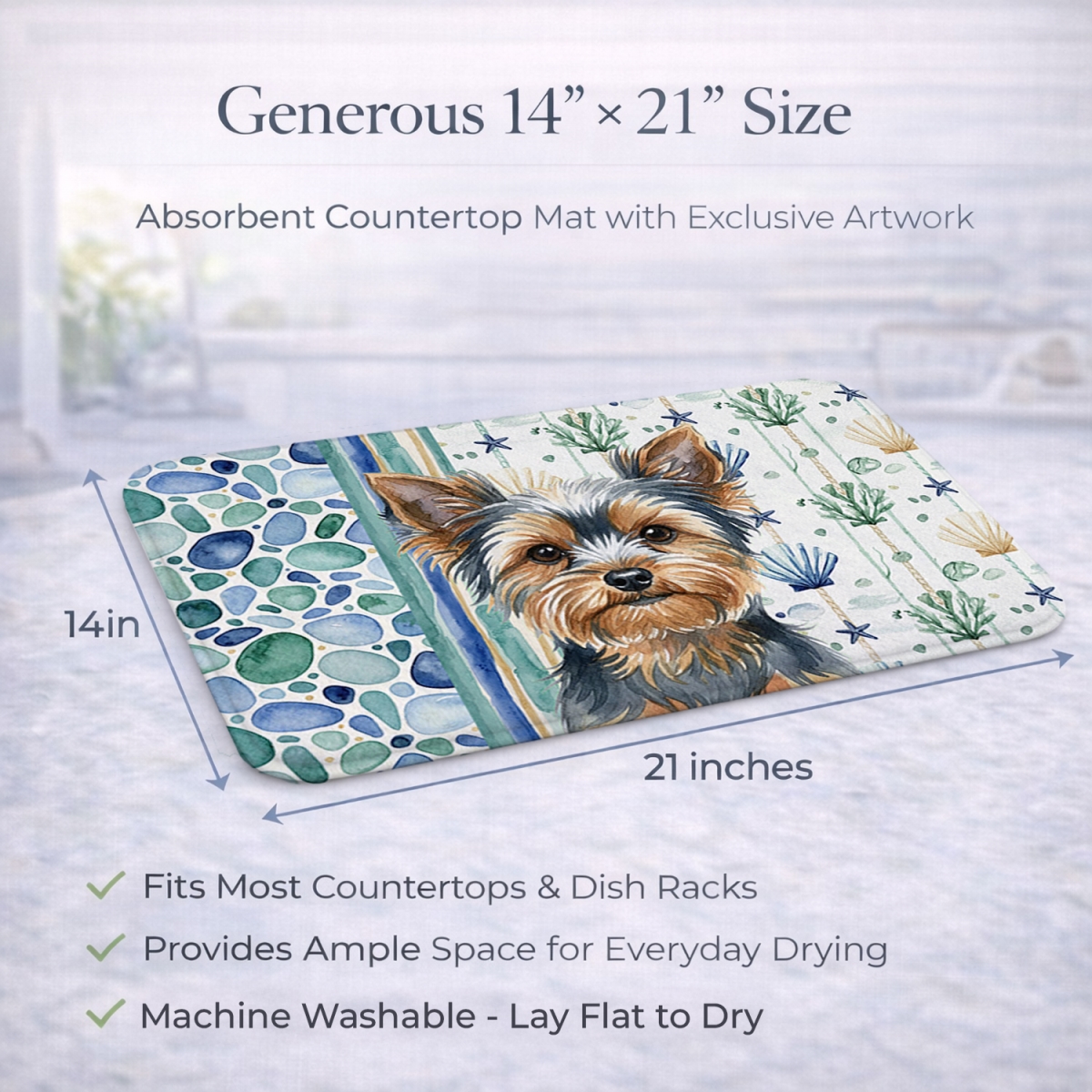 Picture of Carolines Treasures WDK7264DDM 21 x 14 in. Blue & Tan Yorkshire Terrier Coastal Sea Glass Dish Drying Mat
