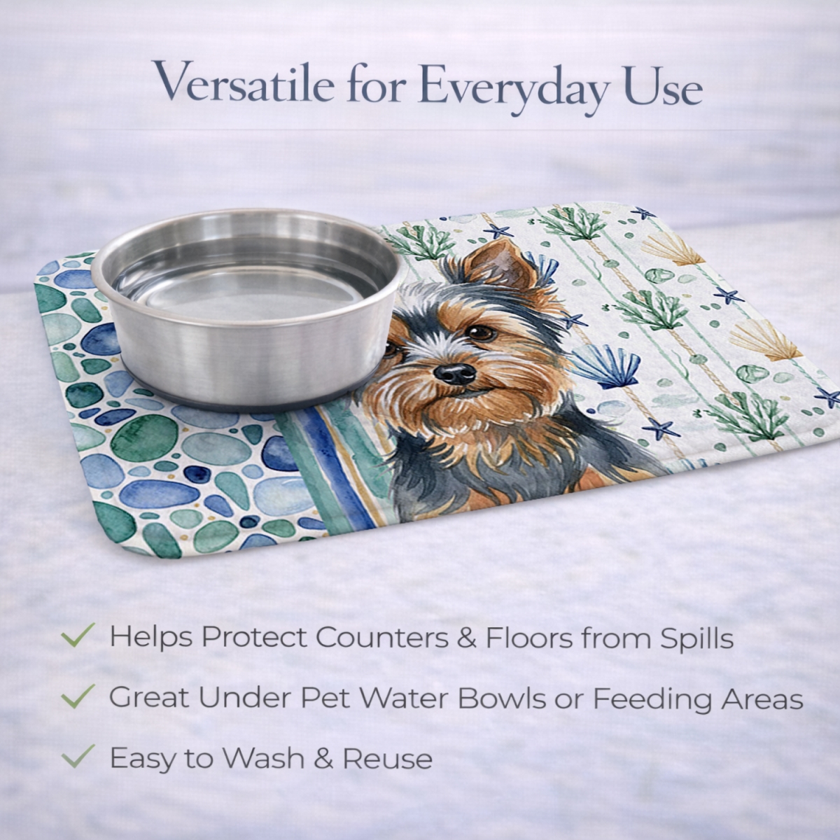 Picture of Carolines Treasures WDK7264DDM 21 x 14 in. Blue & Tan Yorkshire Terrier Coastal Sea Glass Dish Drying Mat