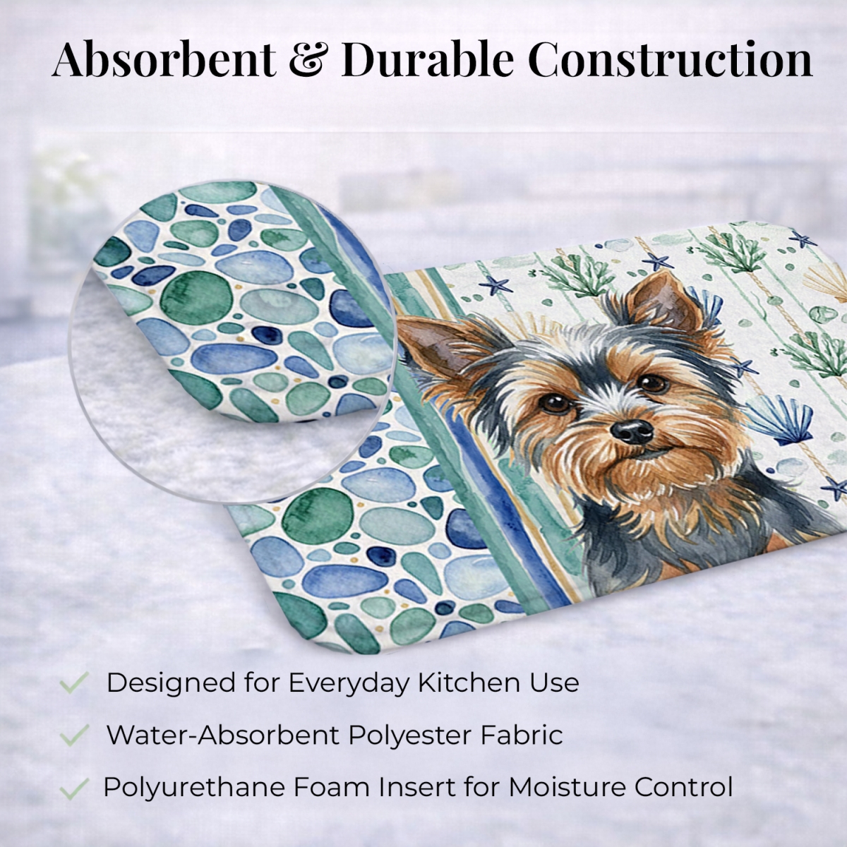Picture of Carolines Treasures WDK7264DDM 21 x 14 in. Blue & Tan Yorkshire Terrier Coastal Sea Glass Dish Drying Mat