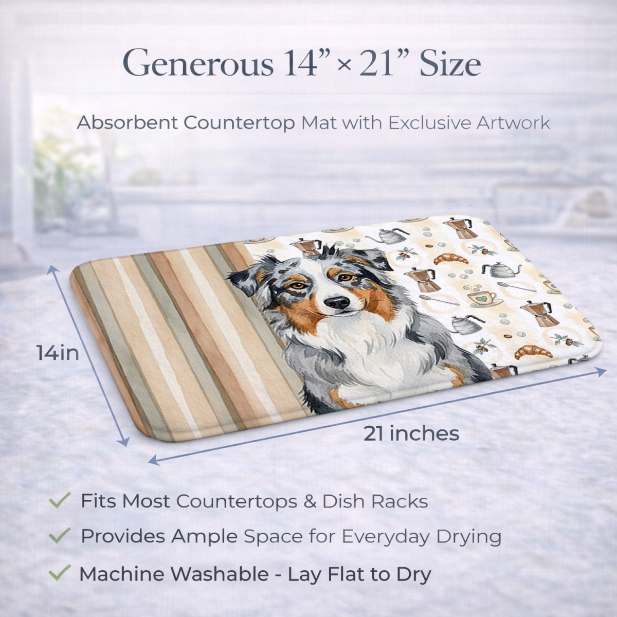Picture of Carolines Treasures WDK7290DDM 21 x 14 in. Blue Merle Australian Shepherd Coffee Bar Dish Drying Mat