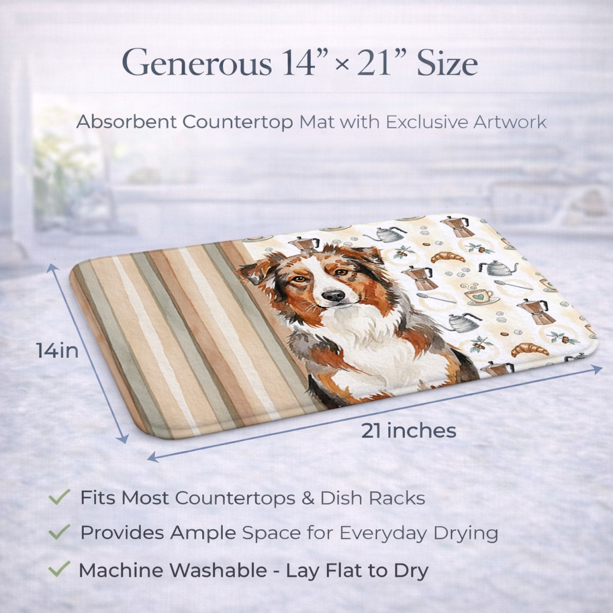 Picture of Carolines Treasures WDK7291DDM 21 x 14 in. Red Merle Australian Shepherd Coffee Bar Dish Drying Mat