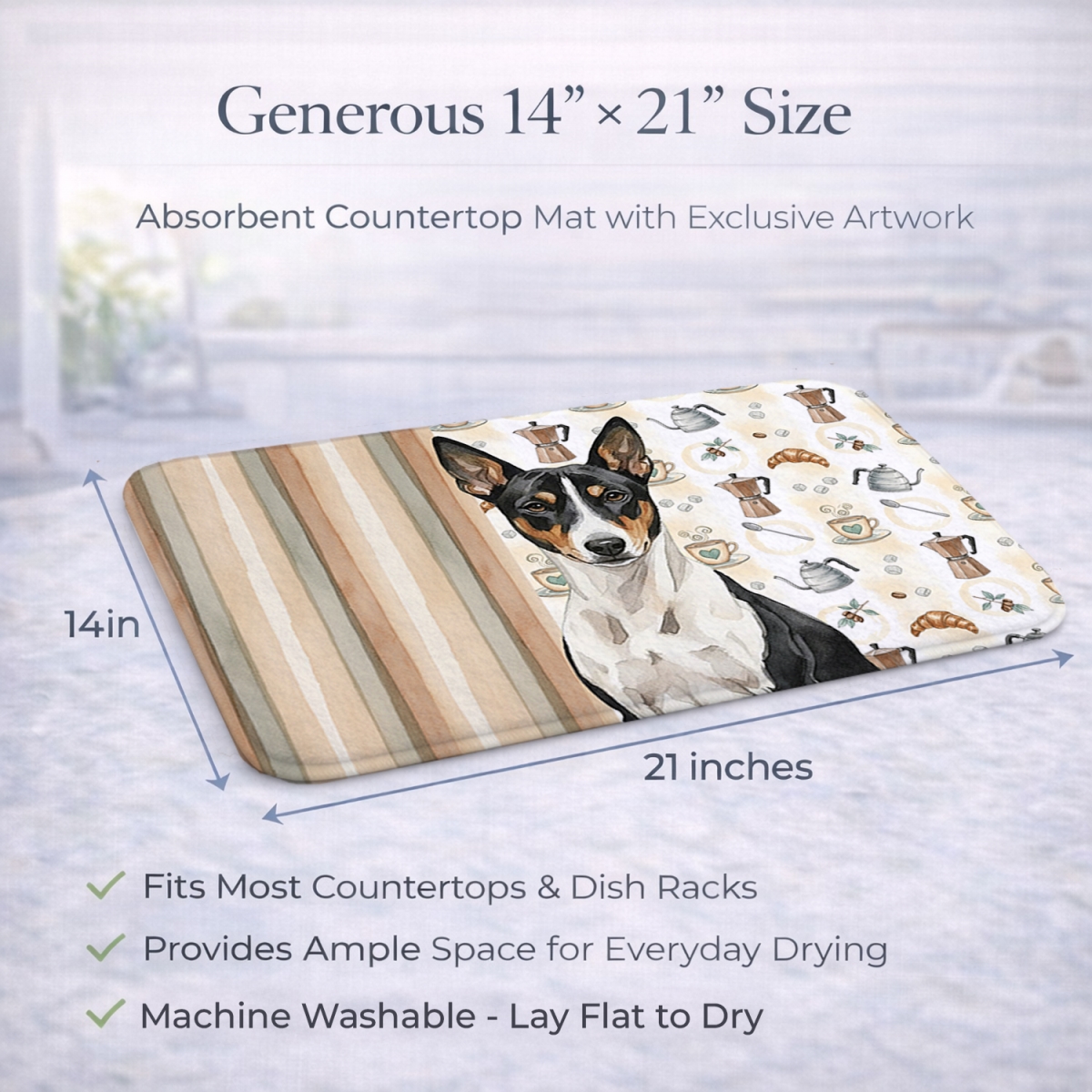 Picture of Carolines Treasures WDK7292DDM 21 x 14 in. Black & White Basenji Coffee Bar Dish Drying Mat