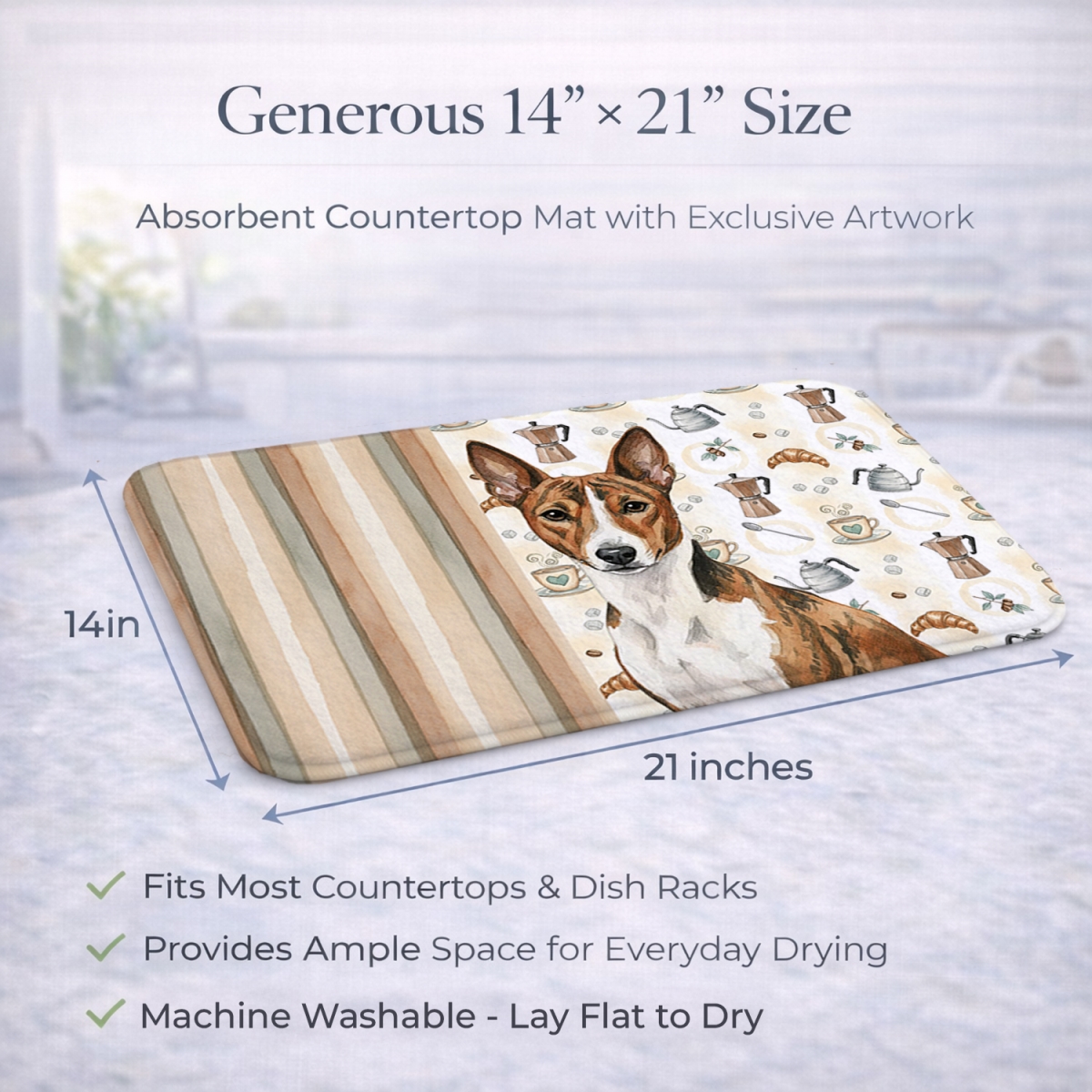 Picture of Carolines Treasures WDK7293DDM 21 x 14 in. Brindle & White Basenji Coffee Bar Dish Drying Mat