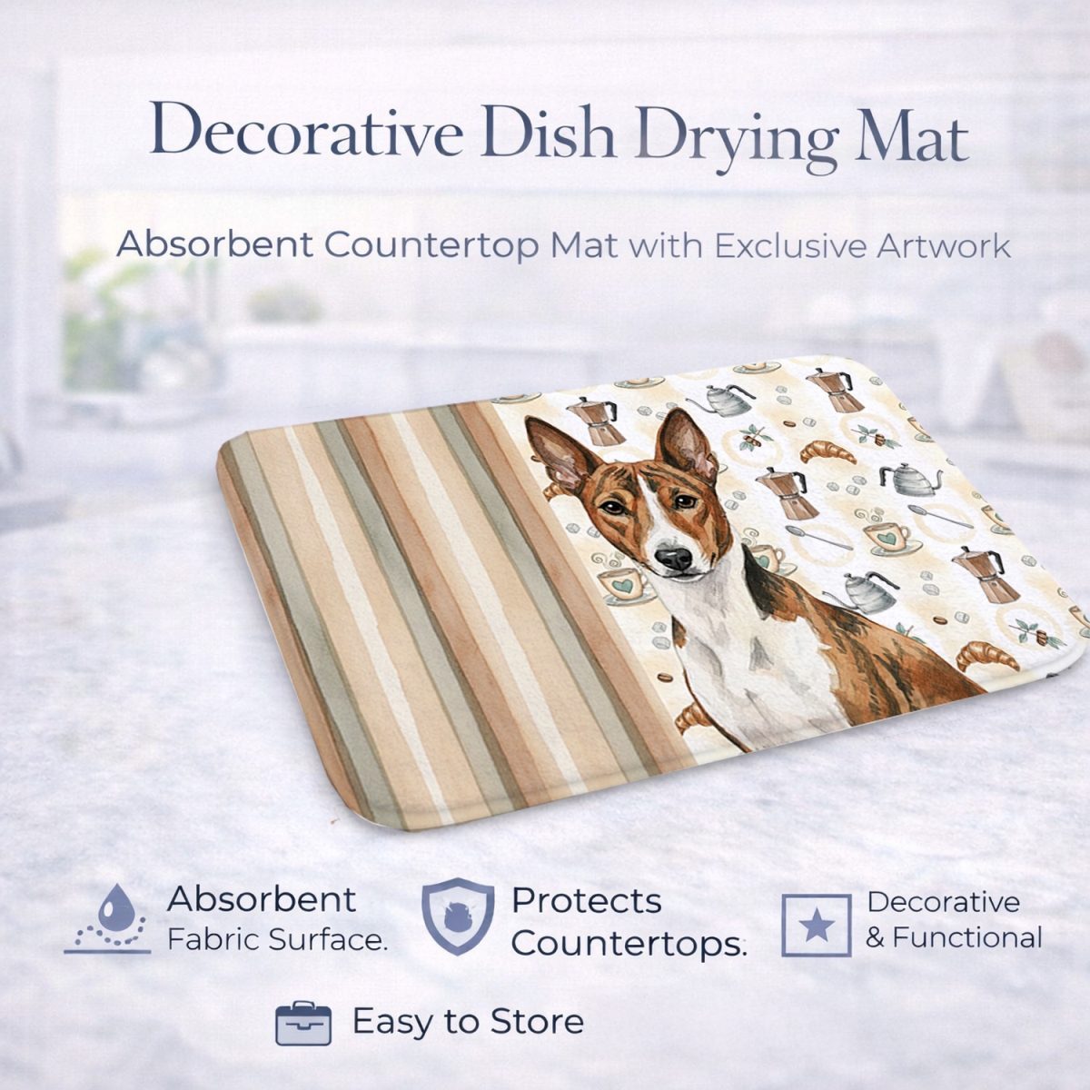 Picture of Carolines Treasures WDK7293DDM 21 x 14 in. Brindle & White Basenji Coffee Bar Dish Drying Mat