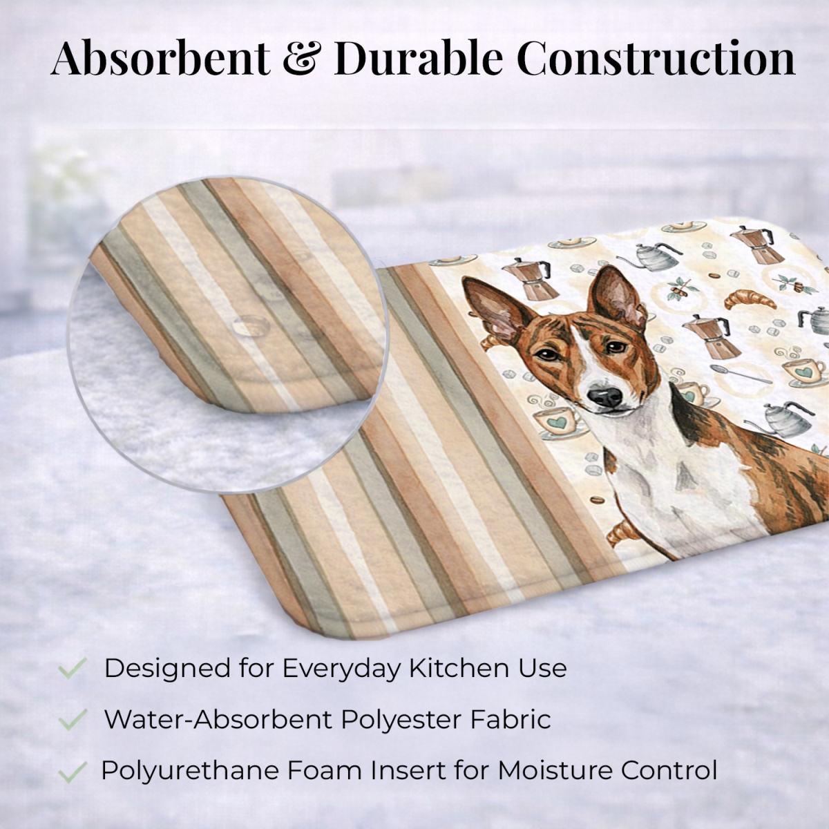 Picture of Carolines Treasures WDK7293DDM 21 x 14 in. Brindle & White Basenji Coffee Bar Dish Drying Mat