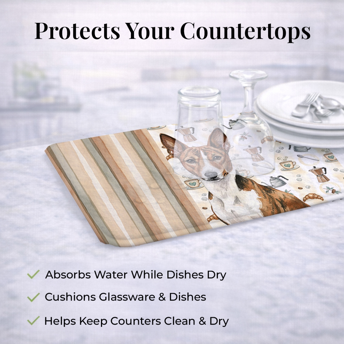 Picture of Carolines Treasures WDK7293DDM 21 x 14 in. Brindle & White Basenji Coffee Bar Dish Drying Mat