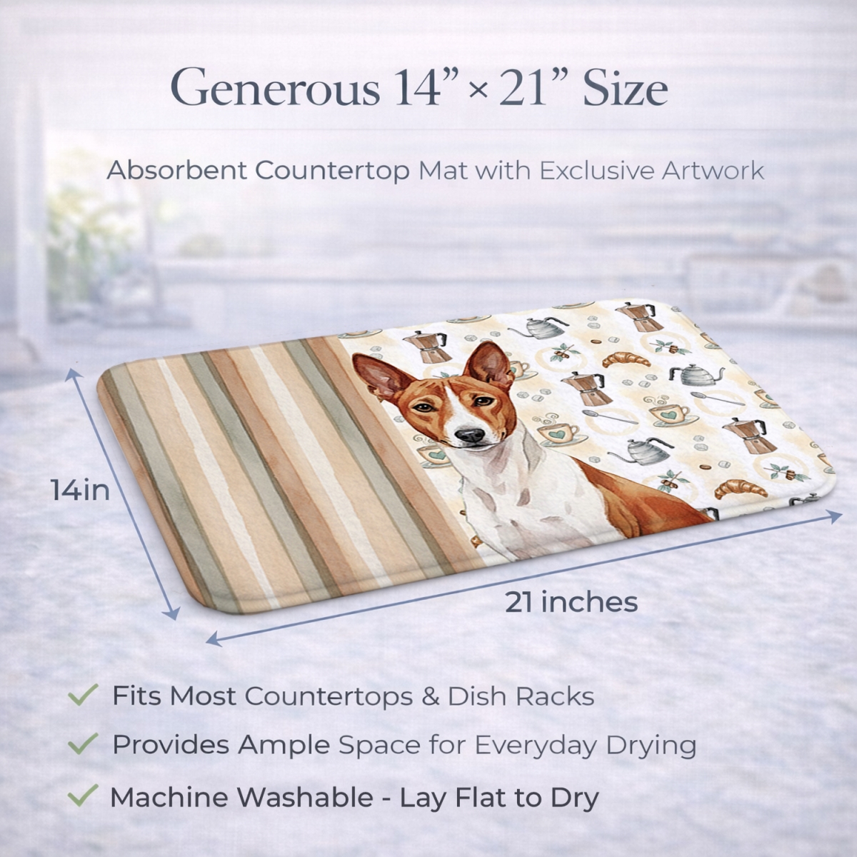 Picture of Carolines Treasures WDK7294DDM 21 x 14 in. Red & White Basenji Coffee Bar Dish Drying Mat