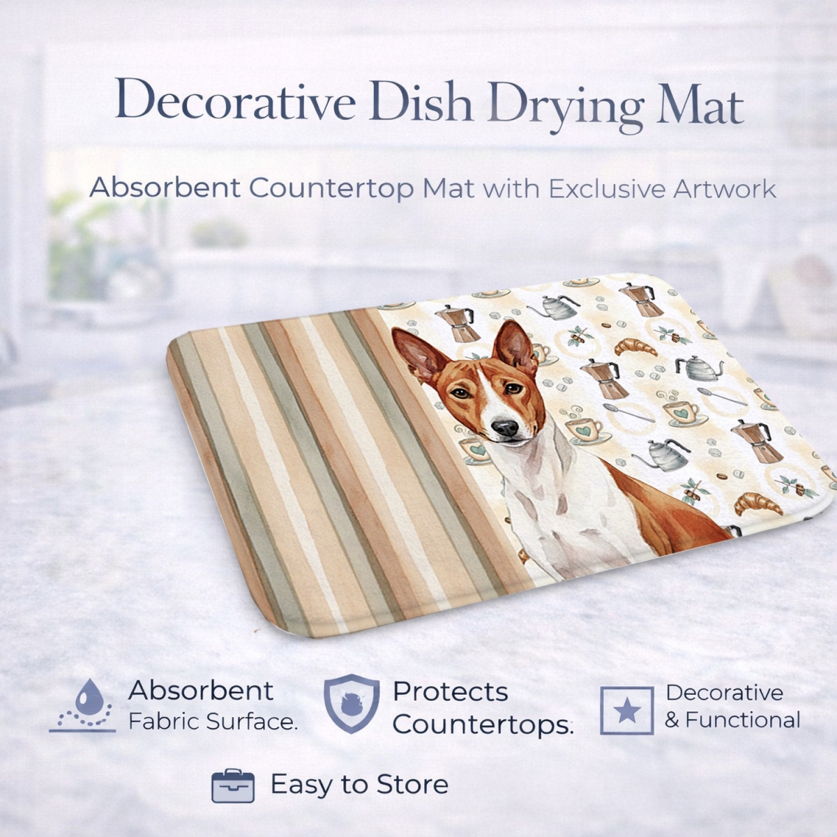 Picture of Carolines Treasures WDK7294DDM 21 x 14 in. Red & White Basenji Coffee Bar Dish Drying Mat