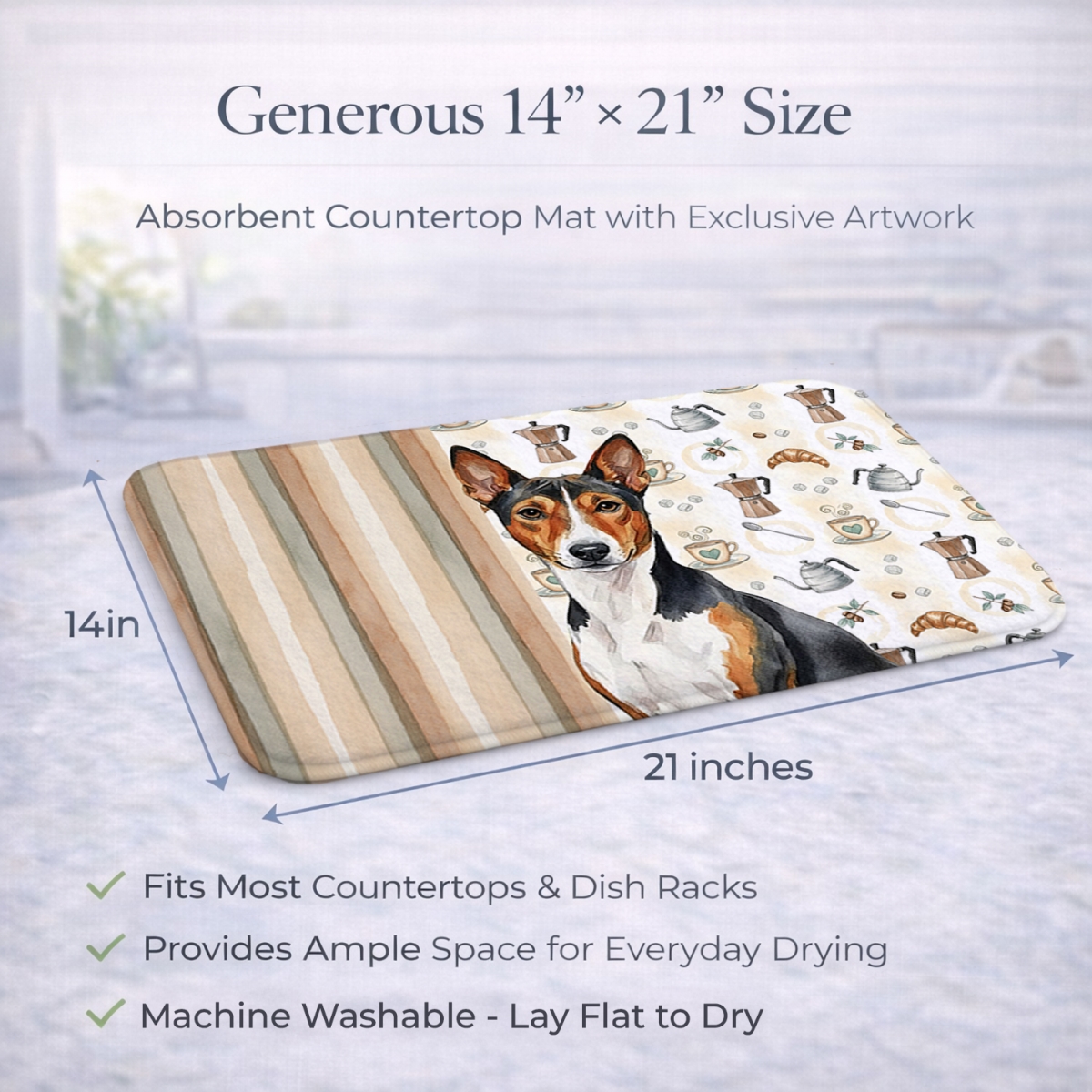 Picture of Carolines Treasures WDK7295DDM 21 x 14 in. Tricolor & White Basenji Coffee Bar Dish Drying Mat