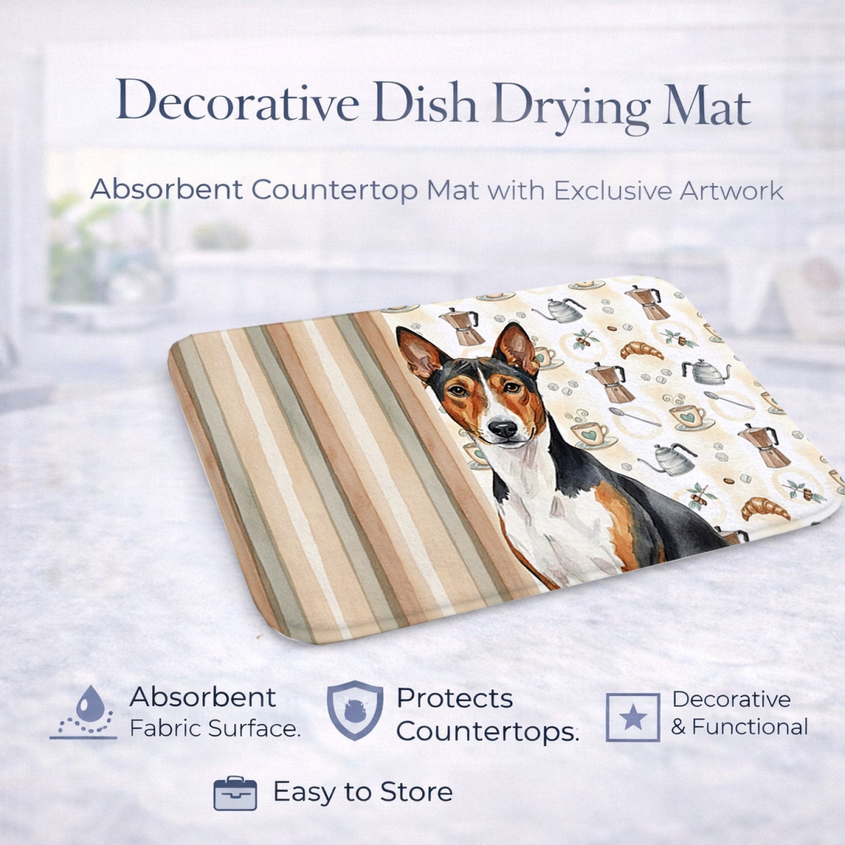 Picture of Carolines Treasures WDK7295DDM 21 x 14 in. Tricolor & White Basenji Coffee Bar Dish Drying Mat