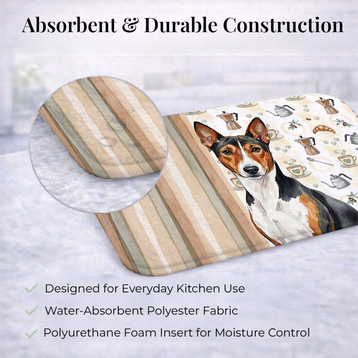 Picture of Carolines Treasures WDK7295DDM 21 x 14 in. Tricolor & White Basenji Coffee Bar Dish Drying Mat