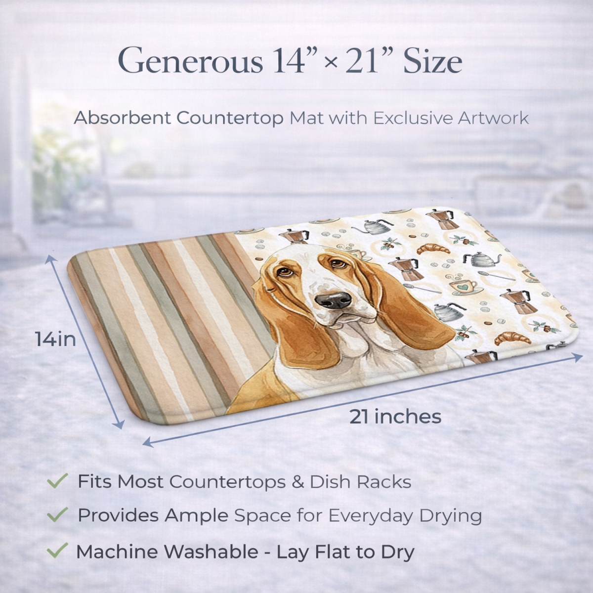 Picture of Carolines Treasures WDK7296DDM 21 x 14 in. Lemon & White Basset Hound Coffee Bar Dish Drying Mat