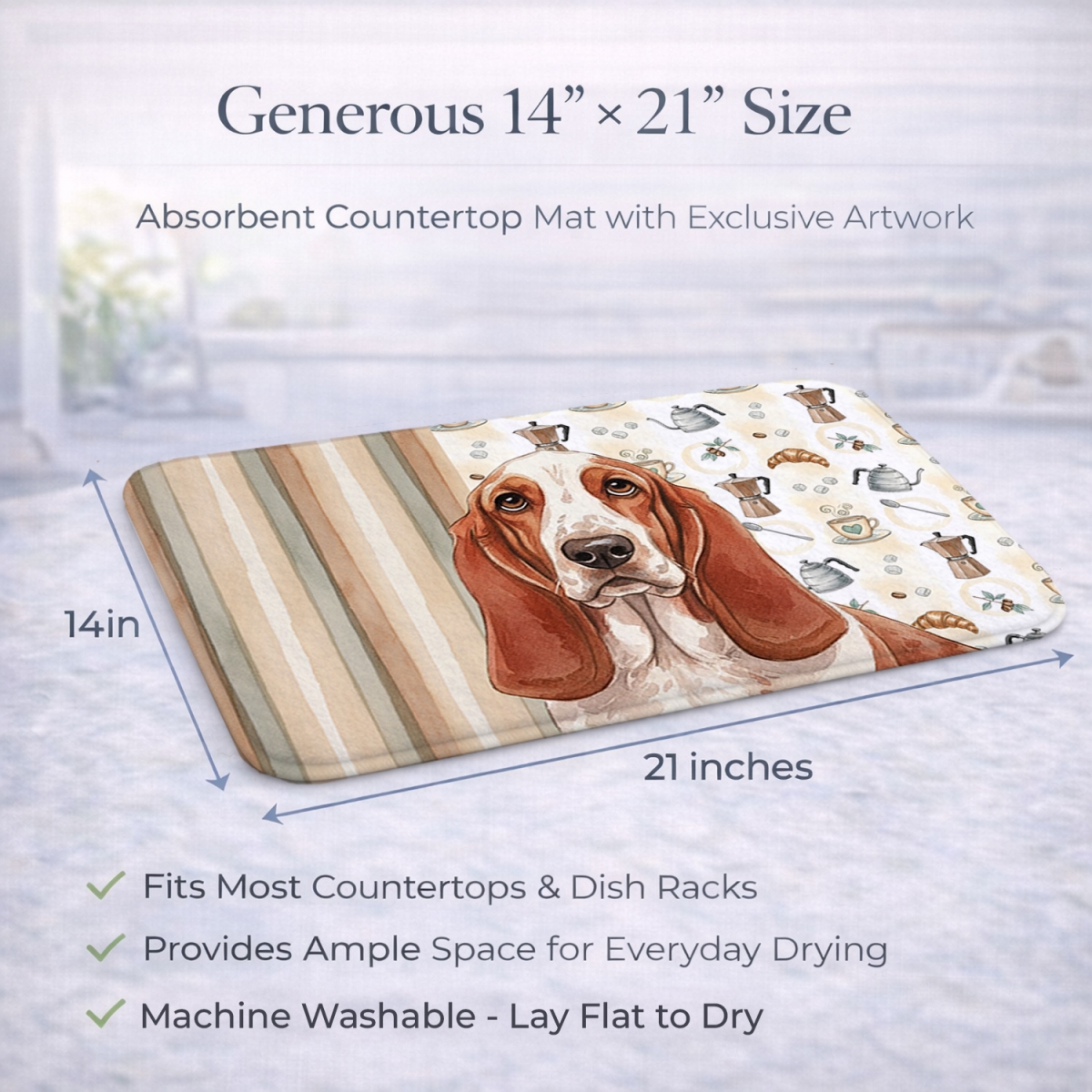 Picture of Carolines Treasures WDK7297DDM 21 x 14 in. Red & White Basset Hound Coffee Bar Dish Drying Mat