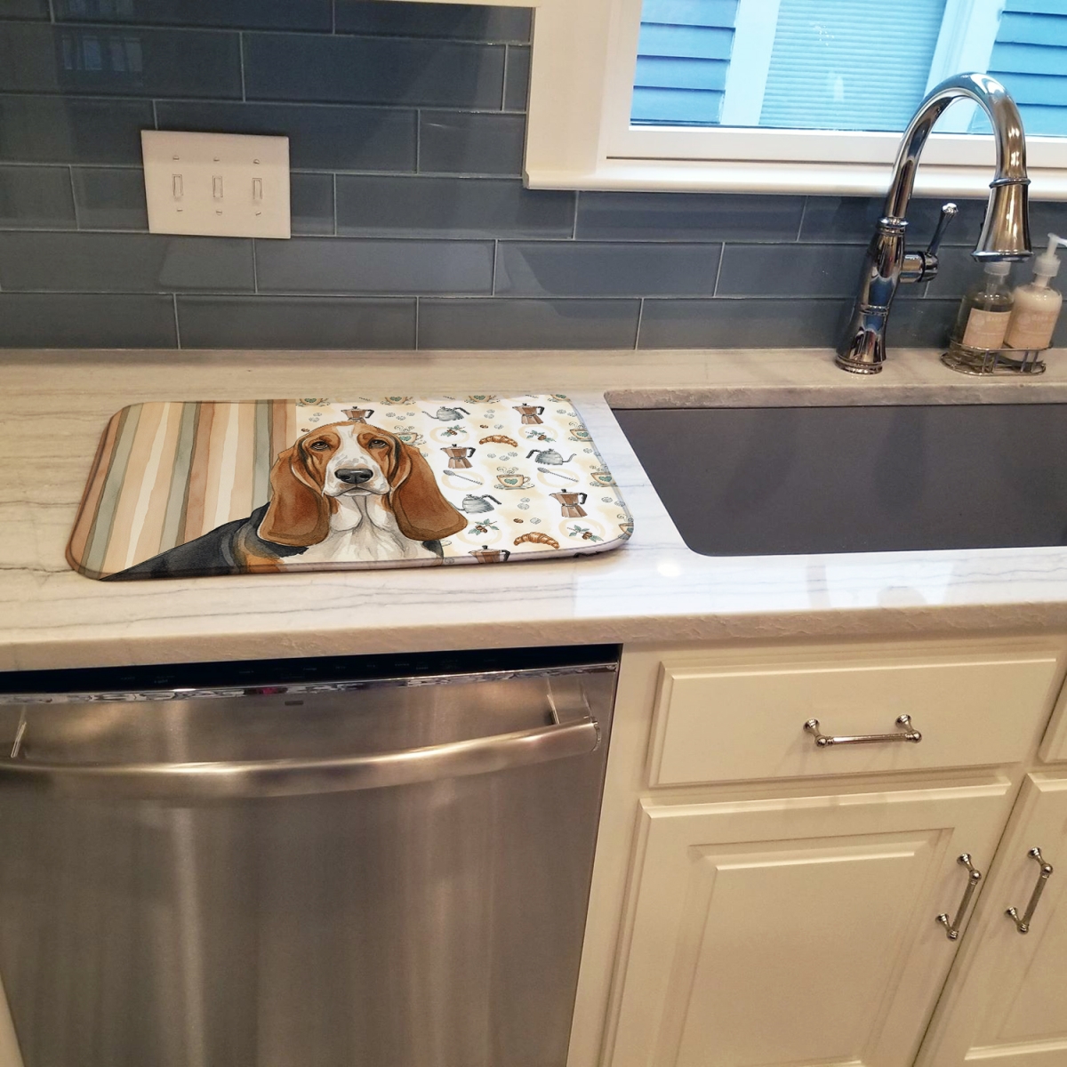 Picture of Carolines Treasures WDK7298DDM 21 x 14 in. Tricolor & White Basset Hound Coffee Bar Dish Drying Mat