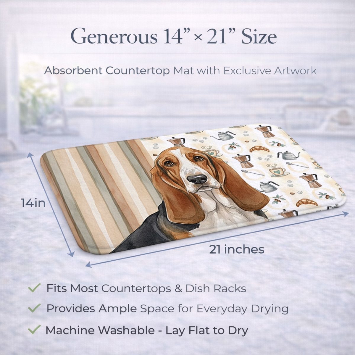 Picture of Carolines Treasures WDK7298DDM 21 x 14 in. Tricolor & White Basset Hound Coffee Bar Dish Drying Mat