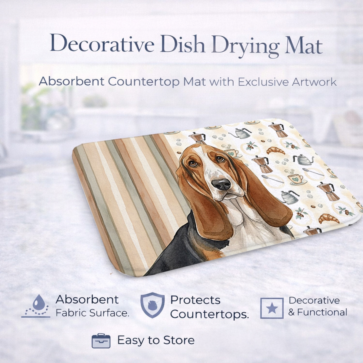 Picture of Carolines Treasures WDK7298DDM 21 x 14 in. Tricolor & White Basset Hound Coffee Bar Dish Drying Mat