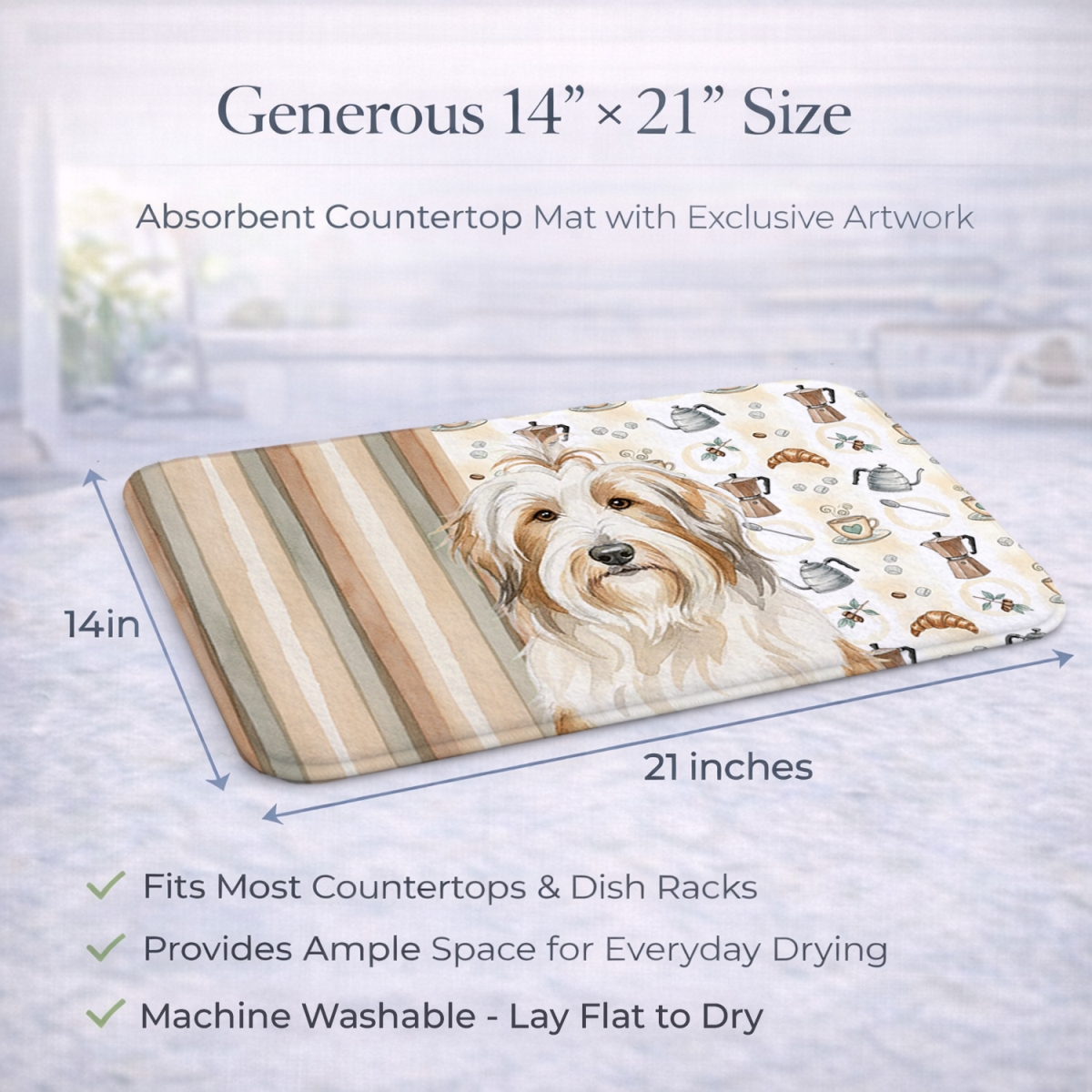 Picture of Carolines Treasures WDK7305DDM 21 x 14 in. White & Tan Bearded Collie Coffee Bar Dish Drying Mat