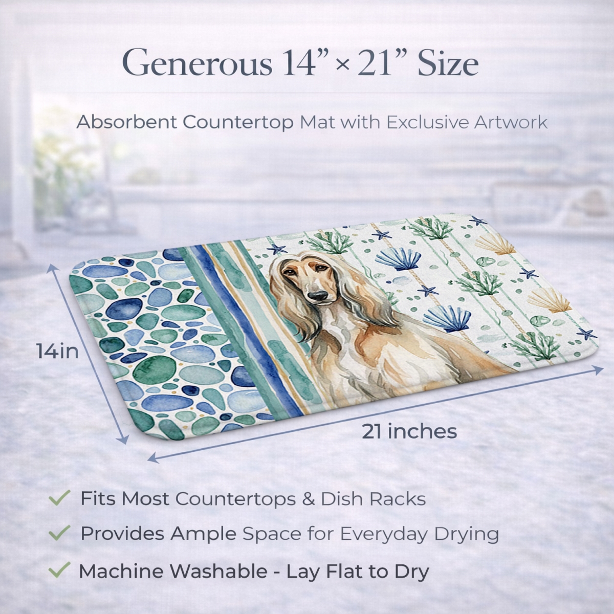 Picture of Carolines Treasures WDK6866DDM 21 x 14 in. Afghan Hound Coastal Sea Glass Dish Drying Mat