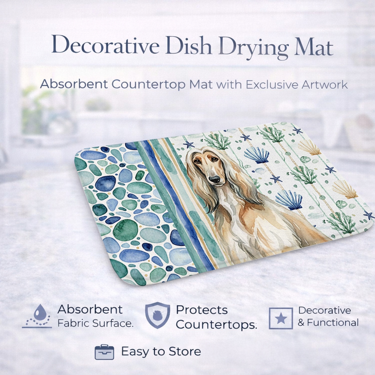 Picture of Carolines Treasures WDK6866DDM 21 x 14 in. Afghan Hound Coastal Sea Glass Dish Drying Mat
