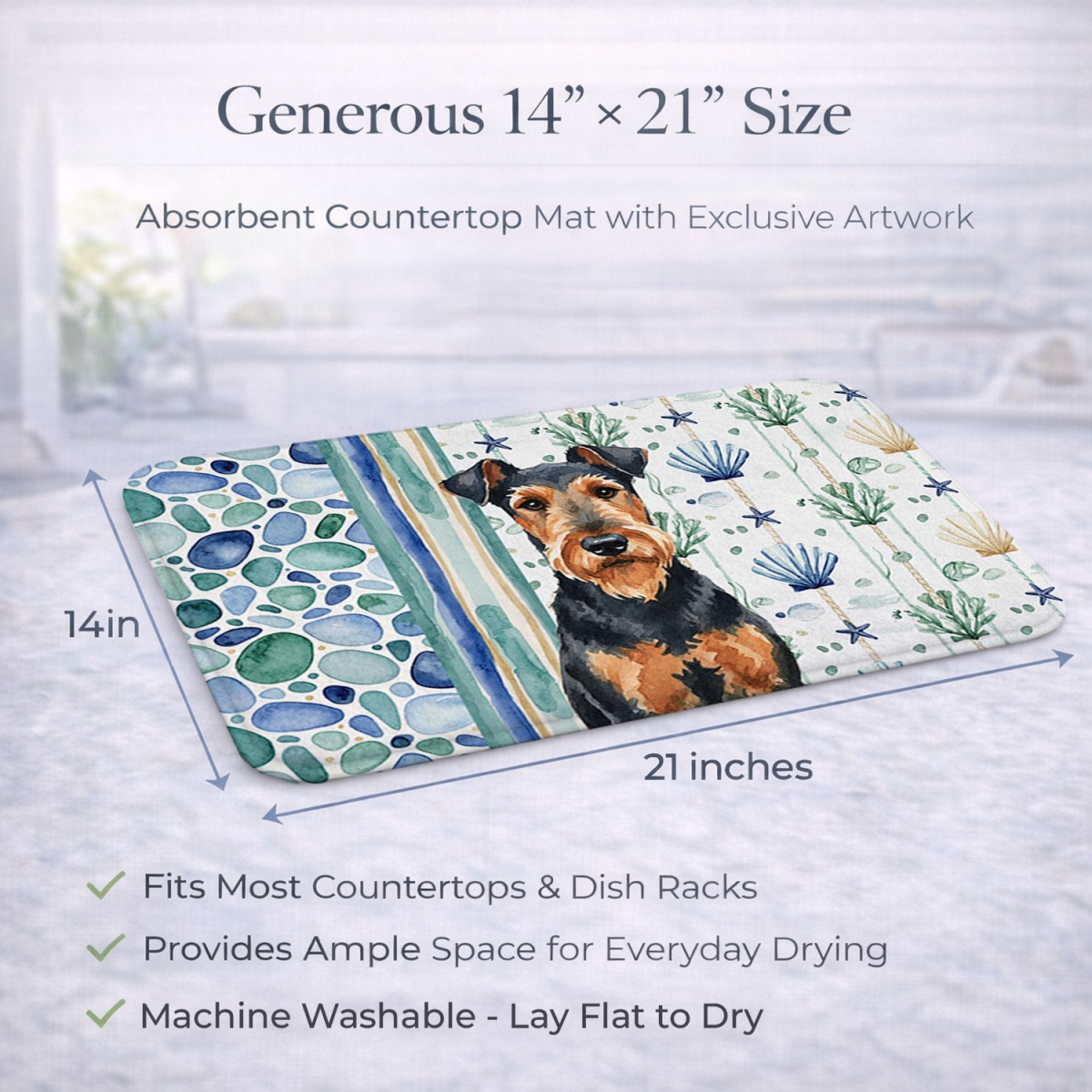Picture of Carolines Treasures WDK6867DDM 21 x 14 in. Airedale Terrier Coastal Sea Glass Dish Drying Mat