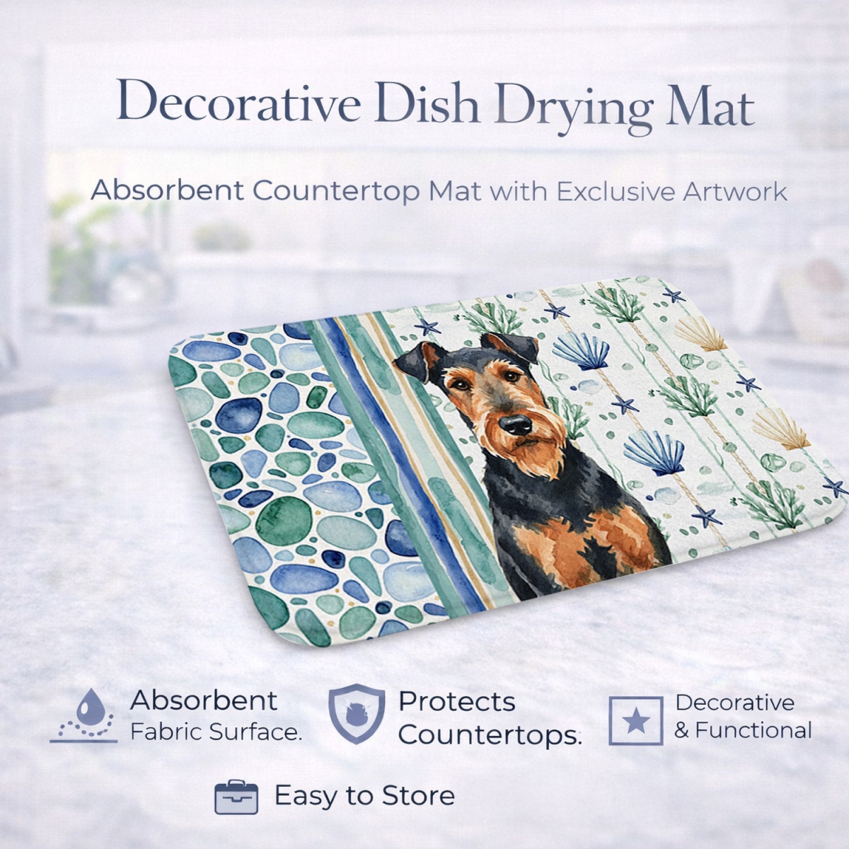 Picture of Carolines Treasures WDK6867DDM 21 x 14 in. Airedale Terrier Coastal Sea Glass Dish Drying Mat