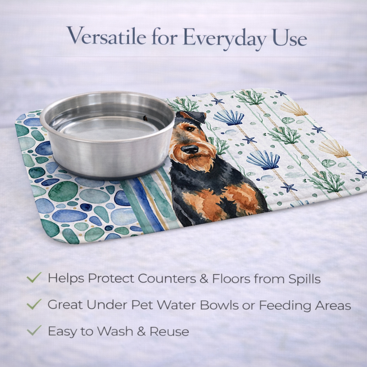 Picture of Carolines Treasures WDK6867DDM 21 x 14 in. Airedale Terrier Coastal Sea Glass Dish Drying Mat