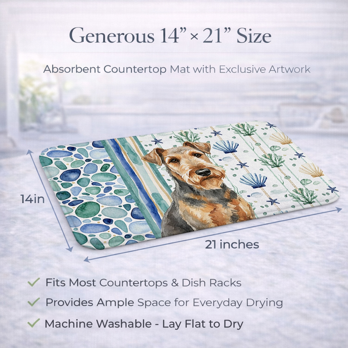 Picture of Carolines Treasures WDK6868DDM 21 x 14 in. Grizzle Airedale Terrier Coastal Sea Glass Dish Drying Mat