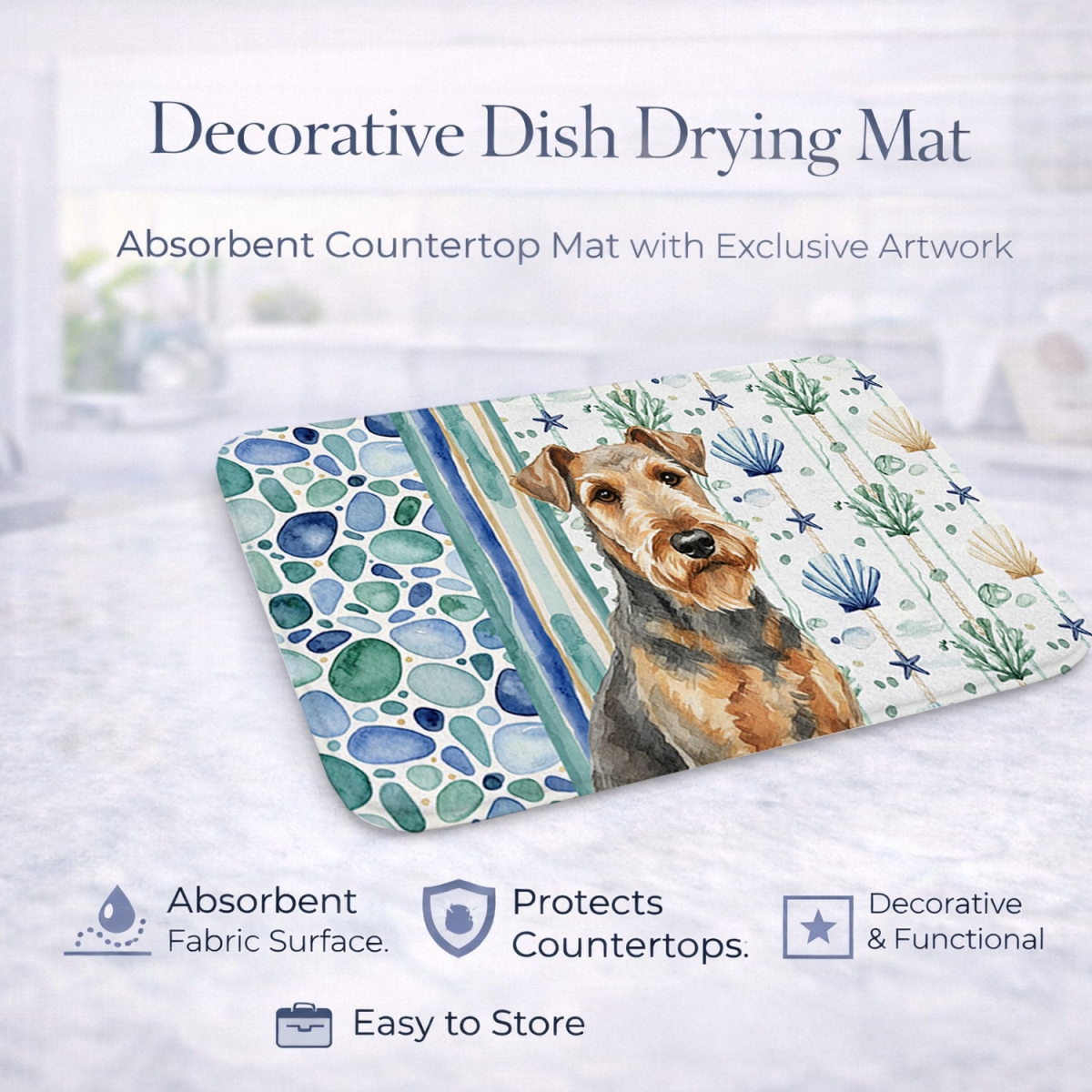 Picture of Carolines Treasures WDK6868DDM 21 x 14 in. Grizzle Airedale Terrier Coastal Sea Glass Dish Drying Mat