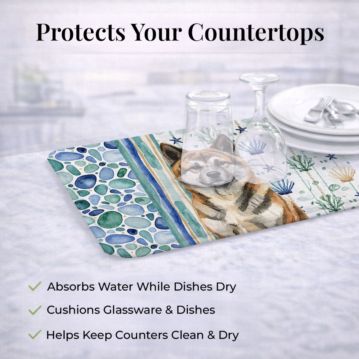 Picture of Carolines Treasures WDK6869DDM 21 x 14 in. Brindle Akita Coastal Sea Glass Dish Drying Mat