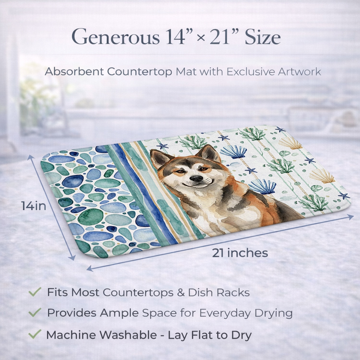 Picture of Carolines Treasures WDK6871DDM 21 x 14 in. Sesame Akita Coastal Sea Glass Dish Drying Mat