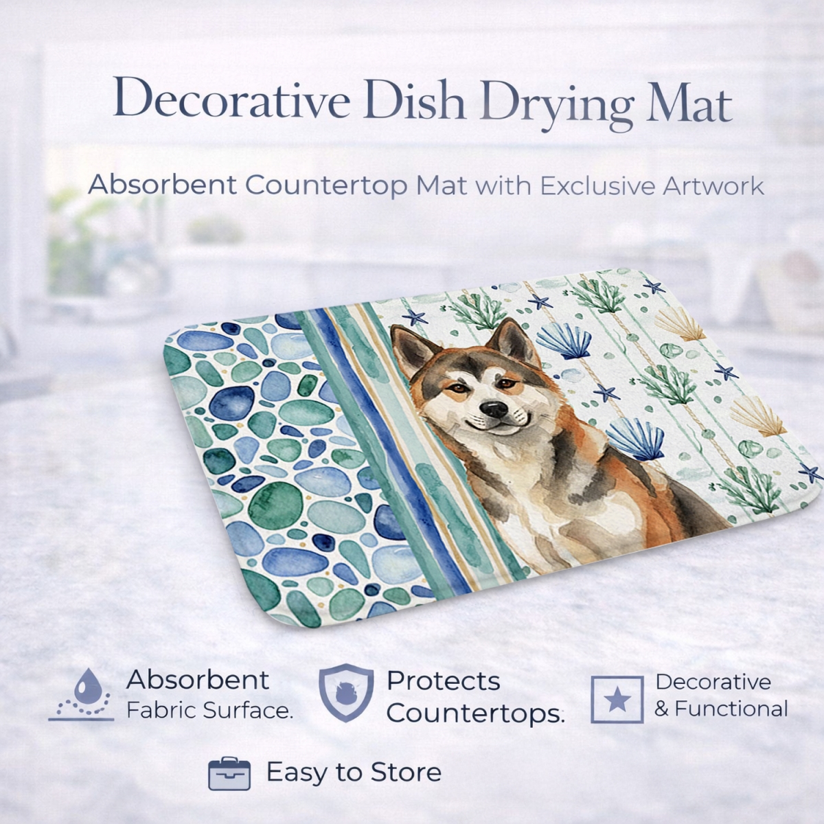 Picture of Carolines Treasures WDK6871DDM 21 x 14 in. Sesame Akita Coastal Sea Glass Dish Drying Mat