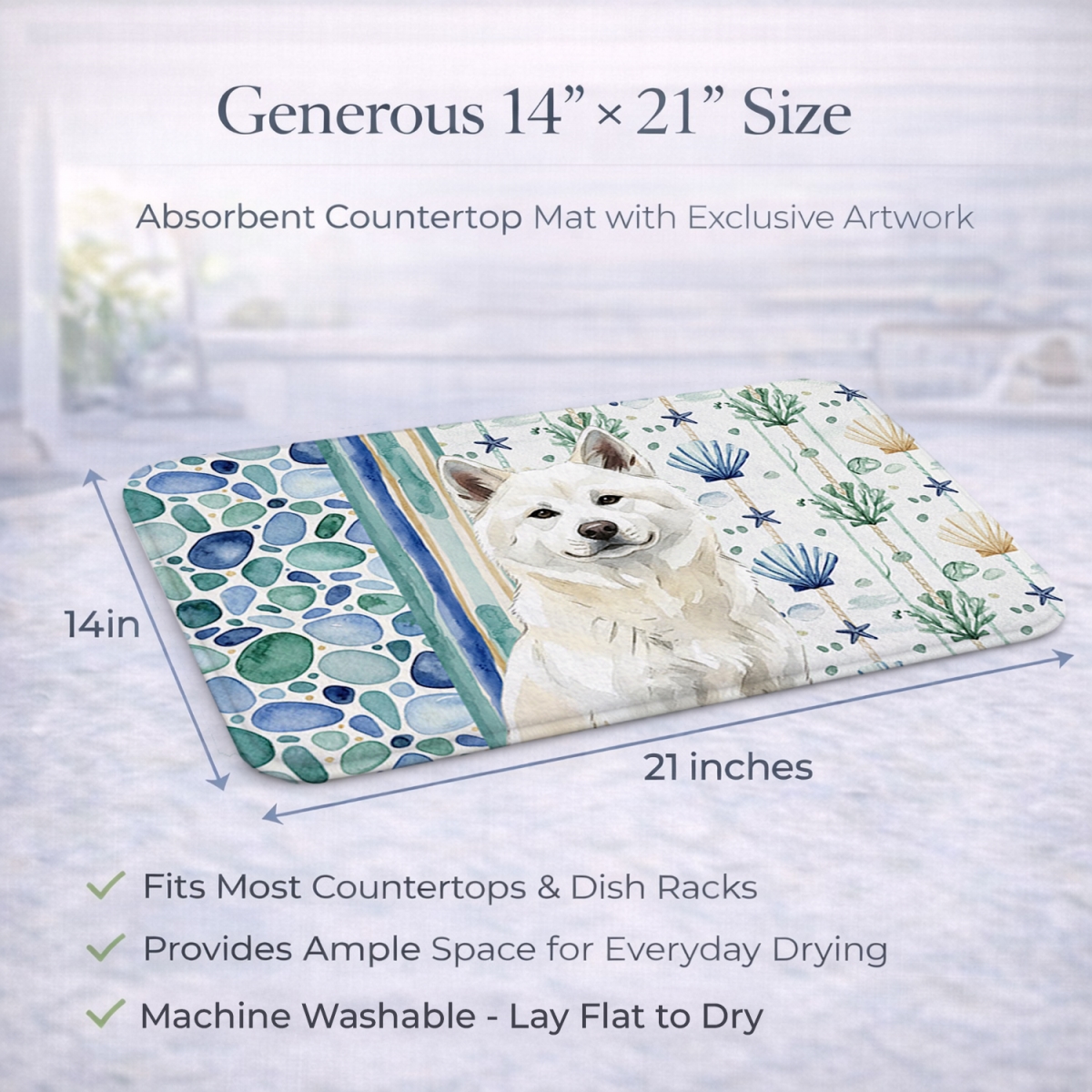 Picture of Carolines Treasures WDK6872DDM 21 x 14 in. White Akita Coastal Sea Glass Dish Drying Mat